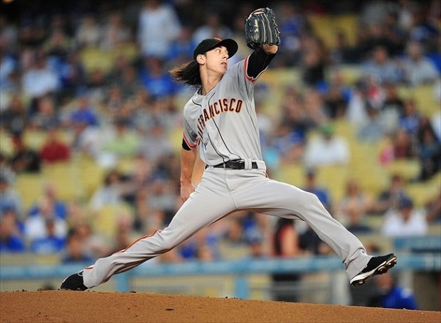 Apr 3, 2013; Los Angeles, CA, USA; San Francisco Giants starter Tim Lincecum (55) delivers a pitch against the Los Angeles Dodgers at Dodger Stadium. Mandatory Credit: Kirby Lee-USA TODAY Sports
