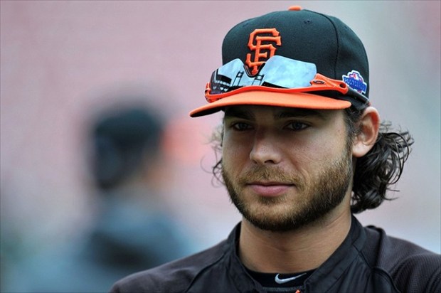 Oct 18, 2012; St. Louis, MO, USA; San Francisco Giants shortstop Brandon Crawford (35) warms up before game four of the 2012 NLCS against the St. Louis Cardinals at Busch Stadium. Mandatory Credit: Peter G. Aiken-USA TODAY Sports