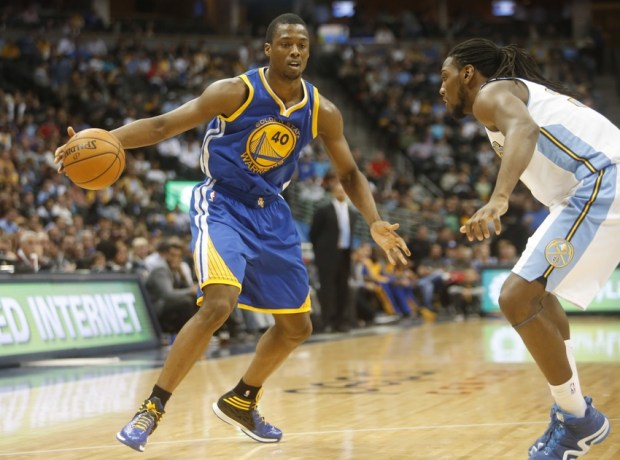 Apr 16, 2014; Denver, CO, USA; Golden State Warriors forward Harrison Barnes (40) during the second half against the Denver Nuggets at Pepsi Center. The Warriors won 116-112. Mandatory Credit: Chris Humphreys-USA TODAY Sports