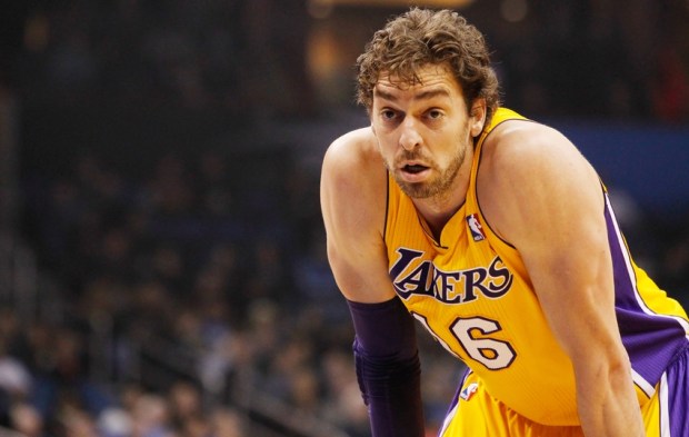 Jan 24, 2014; Orlando, FL, USA; Los Angeles Lakers center Pau Gasol (16) against the Orlando Magic during the first quarter at Amway Center. Mandatory Credit: Kim Klement-USA TODAY Sports