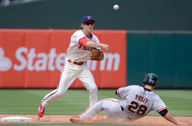 Jul 24, 2014; Philadelphia, PA, USA; Philadelphia Phillies second baseman Chase Utley (26) gets out San Francisco Giants catcher Buster Posey (28) at second base on a ground ball by San Francisco Giants third baseman Pablo Sandoval (not pictured) at Citizens Bank Park. Mandatory Credit: Eileen Blass-USA TODAY Sports