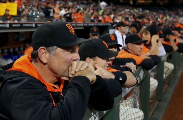 Sep 26, 2014; San Francisco, CA, USA; San Francisco Giants manager Bruce Bochy (15) looks on prior to the game with the San Diego Padres at AT&T Park. Mandatory Credit: Lance Iversen-USA TODAY Sports
