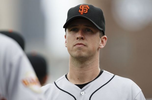 Sep 6, 2014; Detroit, MI, USA; San Francisco Giants catcher Buster Posey (28) in the dugout before the game against the Detroit Tigers at Comerica Park. Mandatory Credit: Rick Osentoski-USA TODAY Sports