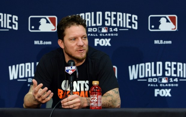 Oct 21, 2014; Kansas City, MO, USA; San Francisco Giants pitcher Jake Peavy is interviewed before game one of the 2014 World Series against the Kansas City Royals at Kauffman Stadium. Mandatory Credit: Peter G. Aiken-USA TODAY Sports