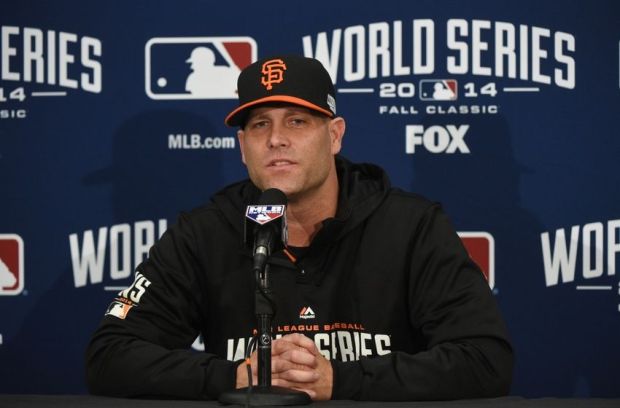 October 23, 2014; San Francisco, CA, USA; San Francisco Giants starting pitcher Tim Hudson (17) addresses the media in a press conference during workouts the day before game three of the 2014 World Series at AT&T Park. Mandatory Credit: Kyle Terada-USA TODAY Sports