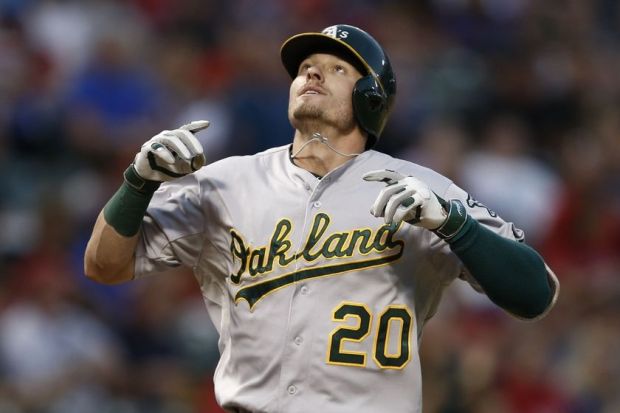 Sep 27, 2014; Arlington, TX, USA; Oakland Athletics third baseman Josh Donaldson (20) reacts as he crosses home plate following his solo home run against the Texas Rangers during a baseball game at Globe Life Park in Arlington. Mandatory Credit: Jim Cowsert-USA TODAY Sports