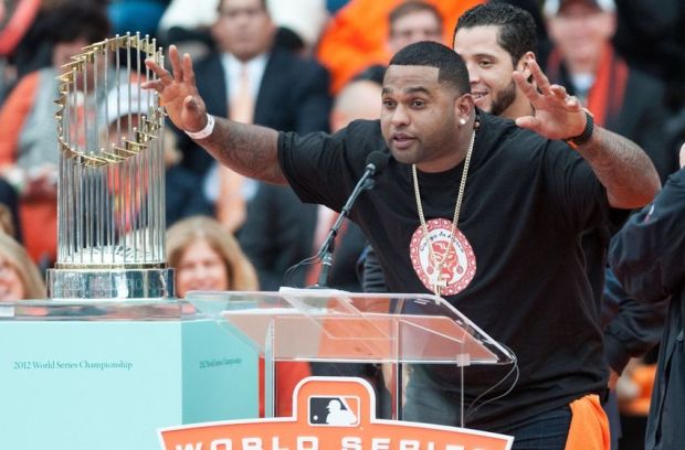Oct 31, 2014; San Francisco, CA, USA; San Francisco Giants third baseman Pablo Sandoval speaks to the crowd during the World Series celebration at City Hall. The San Francisco Giants defeated the Kansas City Royals in game seven of the World Series. Mandatory Credit: Ed Szczepanski-USA TODAY Sports