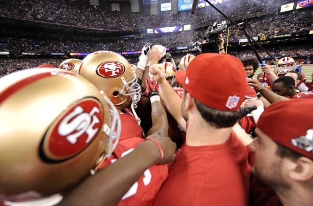 Feb 3, 2013; New Orleans, LA, USA; San Francisco 49ers players huddle before Super Bowl XLVII against the Baltimore Ravens at the Mercedes-Benz Superdome. Mandatory Credit: Robert Deutsch-USA TODAY Sports