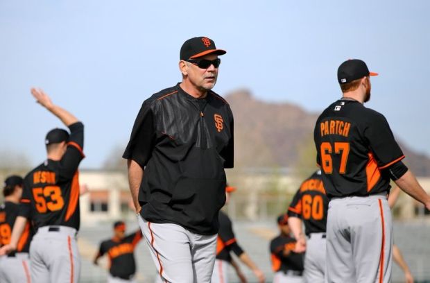 Feb 19, 2015; Glendale, AZ, USA; San Francisco Giants manager Bruce Bochy during spring training workouts at Scottsdale Stadium. Mandatory Credit: Mark J. Rebilas-USA TODAY Sports