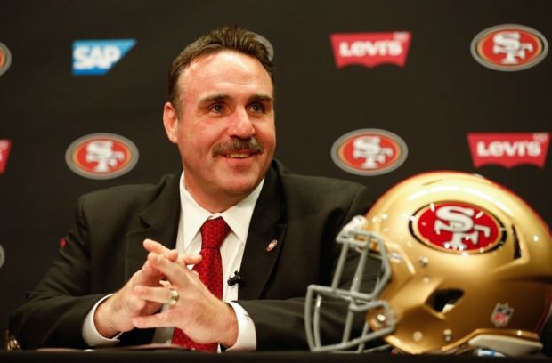 Jan 15, 2015; Santa Clara, CA, USA; San Francisco 49ers head coach Jim Tomsula looks on during the introduction as the 49ers head coach at Levi's Stadium Auditorium. Mandatory Credit: Kelley L Cox-USA TODAY Sports