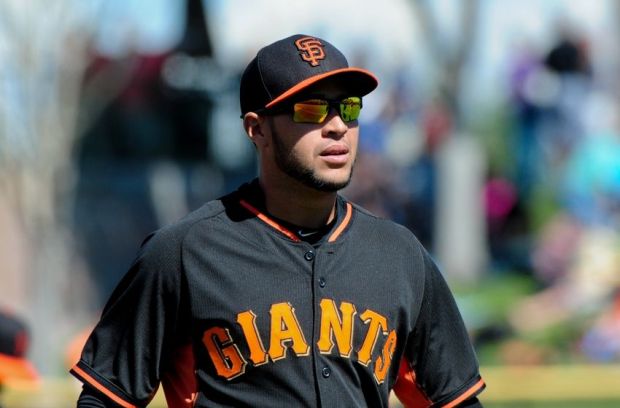 Mar 4, 2015; Scottsdale, AZ, USA; San Francisco Giants center fielder Gregor Blanco (7) looks on before a spring training baseball game against the Oakland Athletics at Scottsdale Stadium. Mandatory Credit: Matt Kartozian-USA TODAY Sports