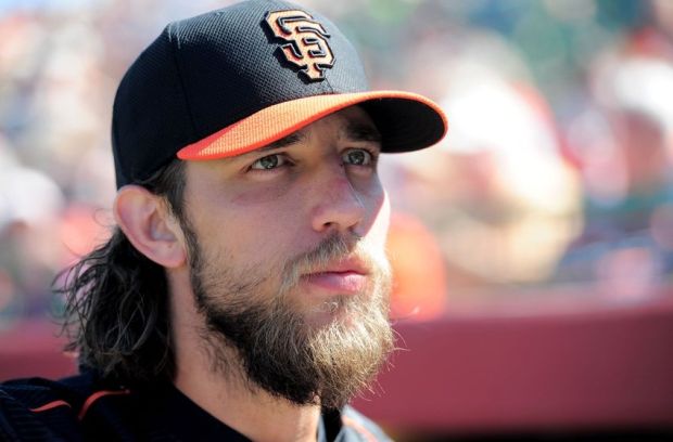 Mar 9, 2015; Scottsdale, AZ, USA; San Francisco Giants starting pitcher Madison Bumgarner (40) looks on prior to a spring training baseball game against the Los Angeles Dodgers at Scottsdale Stadium. Mandatory Credit: Joe Camporeale-USA TODAY Sports