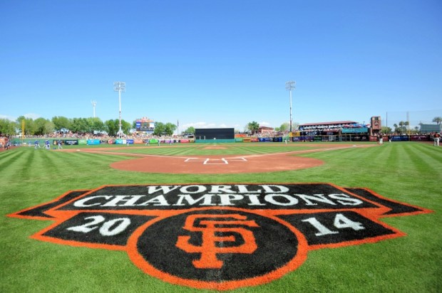 Mar 9, 2015; Scottsdale, AZ, USA; A general view of the field prior to a spring training baseball game between the San Francisco Giants and the Los Angeles Dodgers at Scottsdale Stadium. Mandatory Credit: Joe Camporeale-USA TODAY Sports