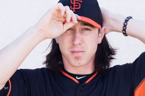Feb 27, 2015; Scottsdale, AZ, USA; San Francisco Giants pitcher Tim Lincecum (55) poses for a photo during photo day at Scottsdale Stadium. Mandatory Credit: Allan Henry-USA TODAY Sports