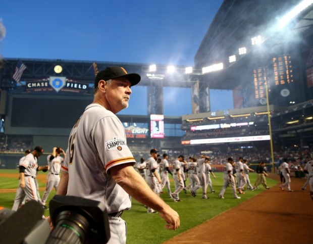 Apr 6, 2015; Phoenix, AZ, USA; San Francisco Giants manager Bruce Bochy prior to the game against the Arizona Diamondbacks during opening day at Chase Field. Mandatory Credit: Mark J. Rebilas-USA TODAY Sports