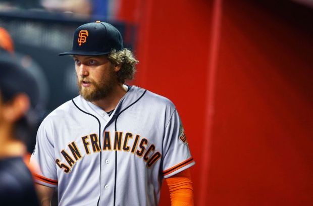 Apr 6, 2015; Phoenix, AZ, USA; San Francisco Giants outfielder Hunter Pence against the Arizona Diamondbacks during opening day at Chase Field. Mandatory Credit: Mark J. Rebilas-USA TODAY Sports