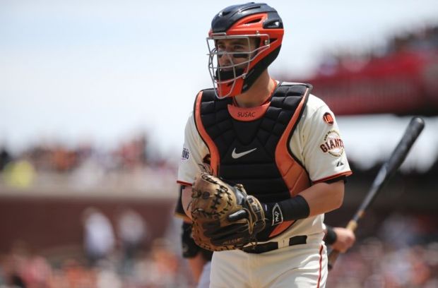 Jun 3, 2015; San Francisco, CA, USA; San Francisco Giants catcher Andrew Susac (34) after the top of the fourth inning against the Pittsburgh Pirates at AT&T Park. Mandatory Credit: Kelley L Cox-USA TODAY Sports