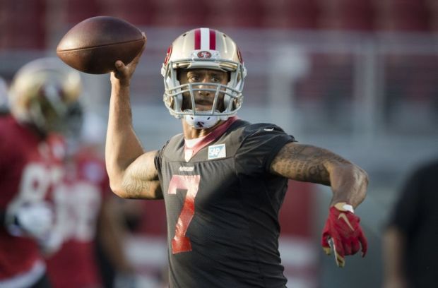 August 1, 2015; Santa Clara, CA, USA; San Francisco 49ers quarterback Colin Kaepernick (7) passes the football during training camp at Levi's Stadium. Mandatory Credit: Kyle Terada-USA TODAY Sports