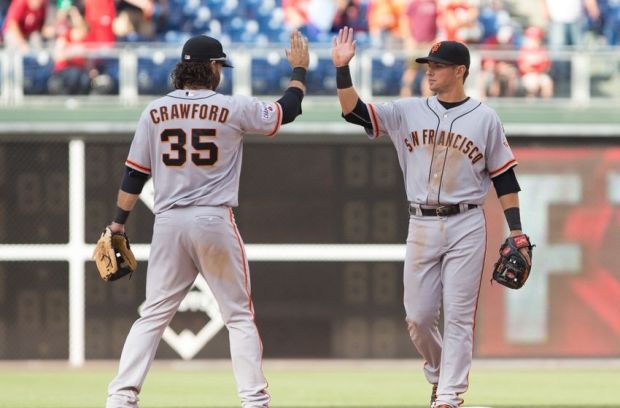 Jun 6, 2015; Philadelphia, PA, USA; San Francisco Giants shortstop Brandon Crawford (35) and second baseman Joe Panik (12) congratulate each other on a victory against the Philadelphia Phillies at Citizens Bank Park. The Giants won 7-5. Mandatory Credit: Bill Streicher-USA TODAY Sports